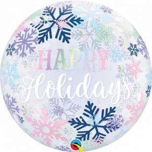 A happy holidays balloon with snowflakes on them.
