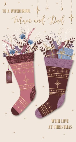 A Christmas card that says "To a wonderful mum and dad."