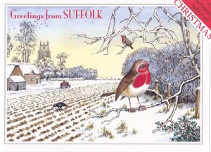 A Christmas card from Suffolk with a robin on a branch.