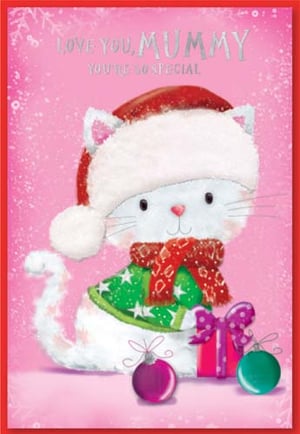 A Christmas card with a cat wearing a Santa hat and scarf.