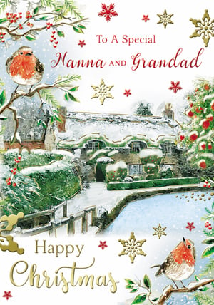 A Christmas card that says "To a special Nanna and Grandad."
