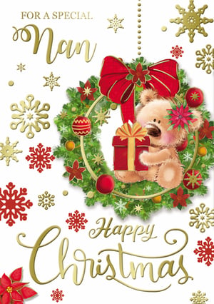 A Christmas card for Nan with a teddy bear holding a gift.