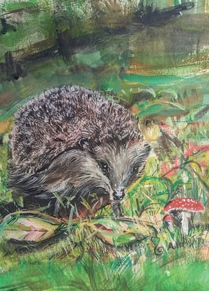 A painting of a hedgehog in the grass with mushrooms.