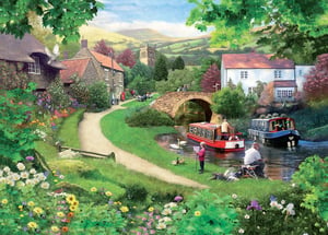 A painting of a river scene with boats and a bridge.