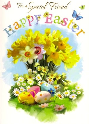 A happy Easter card for a special friend with flowers, eggs, and butterflies.