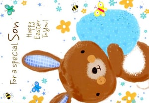 A Happy Easter card for a special son with a teddy bear holding an Easter egg.