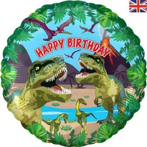 A happy birthday balloon with two dinosaurs and a volcano on it.