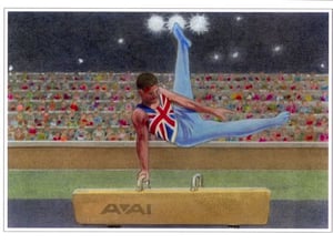 A painting of a gymnast performing a trick on a balance beam.