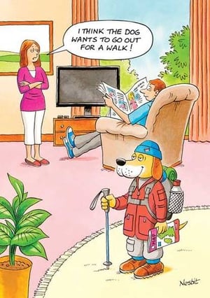 A cartoon of a dog holding a hiking pole and a skateboard.