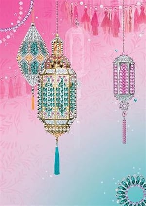 Three lanterns are hanging from a string on a pink and blue background.