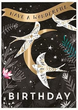 A birthday card with birds flying over a crescent moon and flowers.