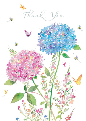 A thank you card with pink and blue flowers and butterflies.