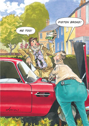 A cartoon of a man talking to another man about a broken piston.