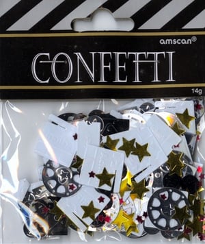 A package of Amscan confetti with gold stars on it.
