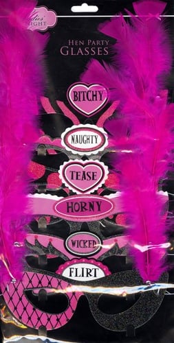 A package of hen party glasses with pink feathers.