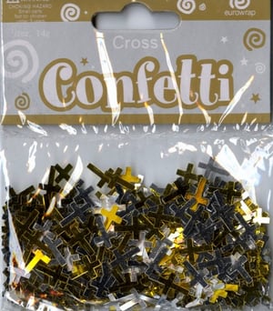 A package of gold and silver cross confetti.
