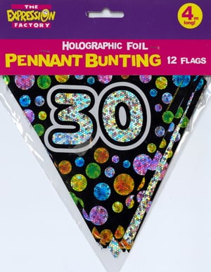 A package of holographic foil pennant bunting with the number 30 on it.