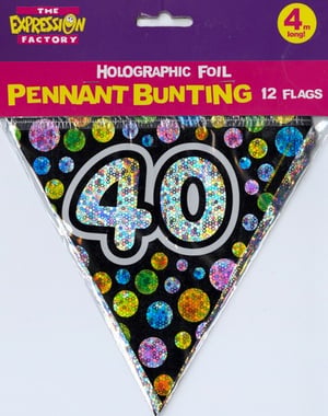 A package of holographic foil pennant bunting with the number 40 on it.