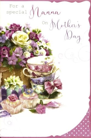A mother's day card with a stack of tea cups and cupcakes.