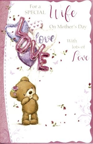 A mother's Day card with a teddy bear and balloons.