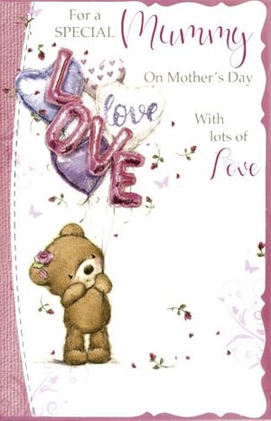 A mother's day card with a teddy bear holding balloons that say "Love."