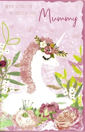 A mother's day card with a unicorn wearing a flower crown.