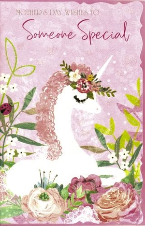 A mother's day card with a unicorn wearing a flower crown.