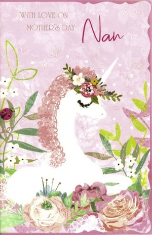 A mother's day card with a unicorn wearing a flower crown.