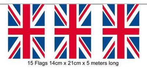 a string of british flags 14cm x 21cm x 5 meters long .