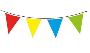A string of colorful flags on a white background.