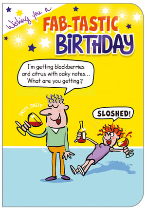 A birthday card featuring a cartoon of a man holding a glass of wine.