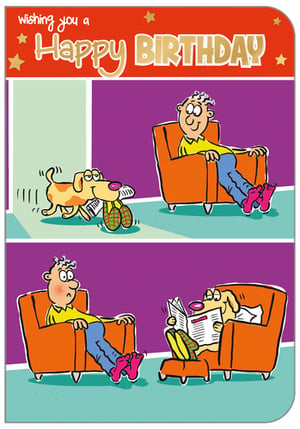 A happy birthday card with a cartoon of a man sitting on a couch.