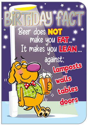a birthday card with a cartoon dog holding a glass of beer