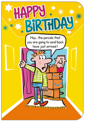 A happy birthday card with a cartoon of a man carrying boxes.