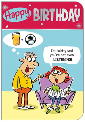 A happy birthday card with a cartoon of a man talking to a girl.