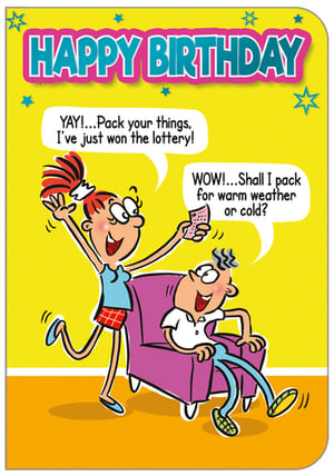 A happy birthday card with a cartoon of a woman giving a man a lottery ticket.