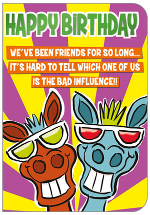 A happy birthday card with two donkeys wearing sunglasses.