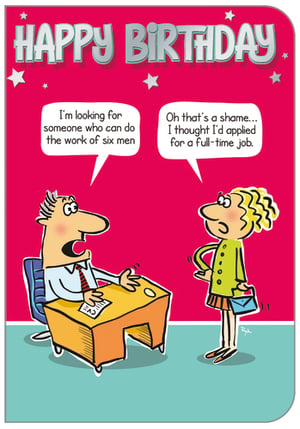 A happy birthday card with a cartoon of a man talking to a woman.