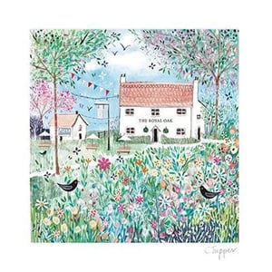 A painting of a house in a field of flowers and birds.