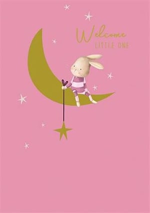 A bunny is sitting on a crescent moon with a star.
