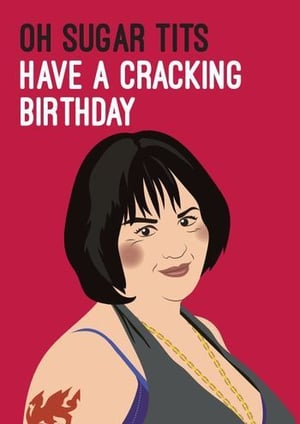 A woman with a tattoo on her chest is on a birthday card.