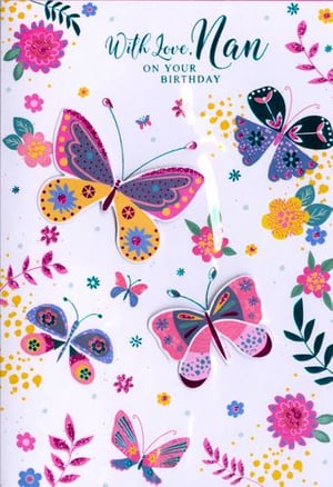A birthday card with butterflies and flowers on it for a woman.