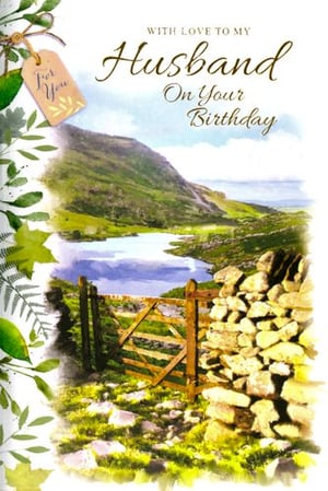 A birthday card for a husband with a gate that leads to a lake.
