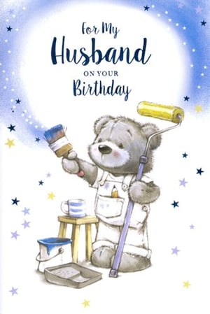 A birthday card for a husband with a teddy bear holding a paint roller.