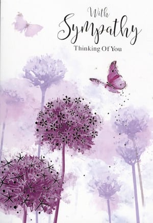 A sympathy card with purple flowers and butterflies.