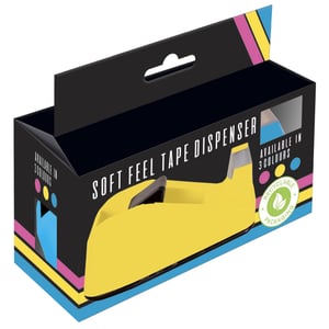 A yellow, soft-feel tape dispenser is in a black box.