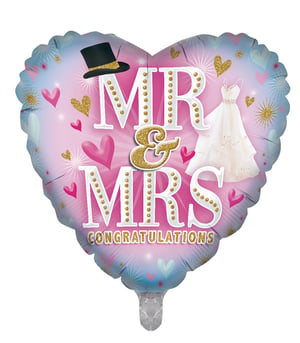 A heart-shaped balloon that says "Mr. and Mrs. Congratulations."