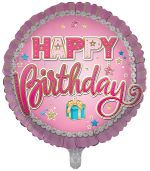 A pink balloon with the words "Happy Birthday" on it.