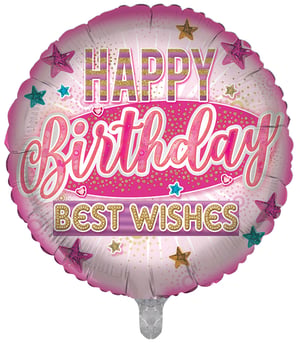 A pink balloon that says "Happy Birthday, Best Wishes."