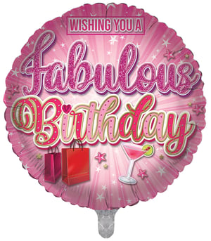 A pink balloon that says "wishing you a fabulous birthday."